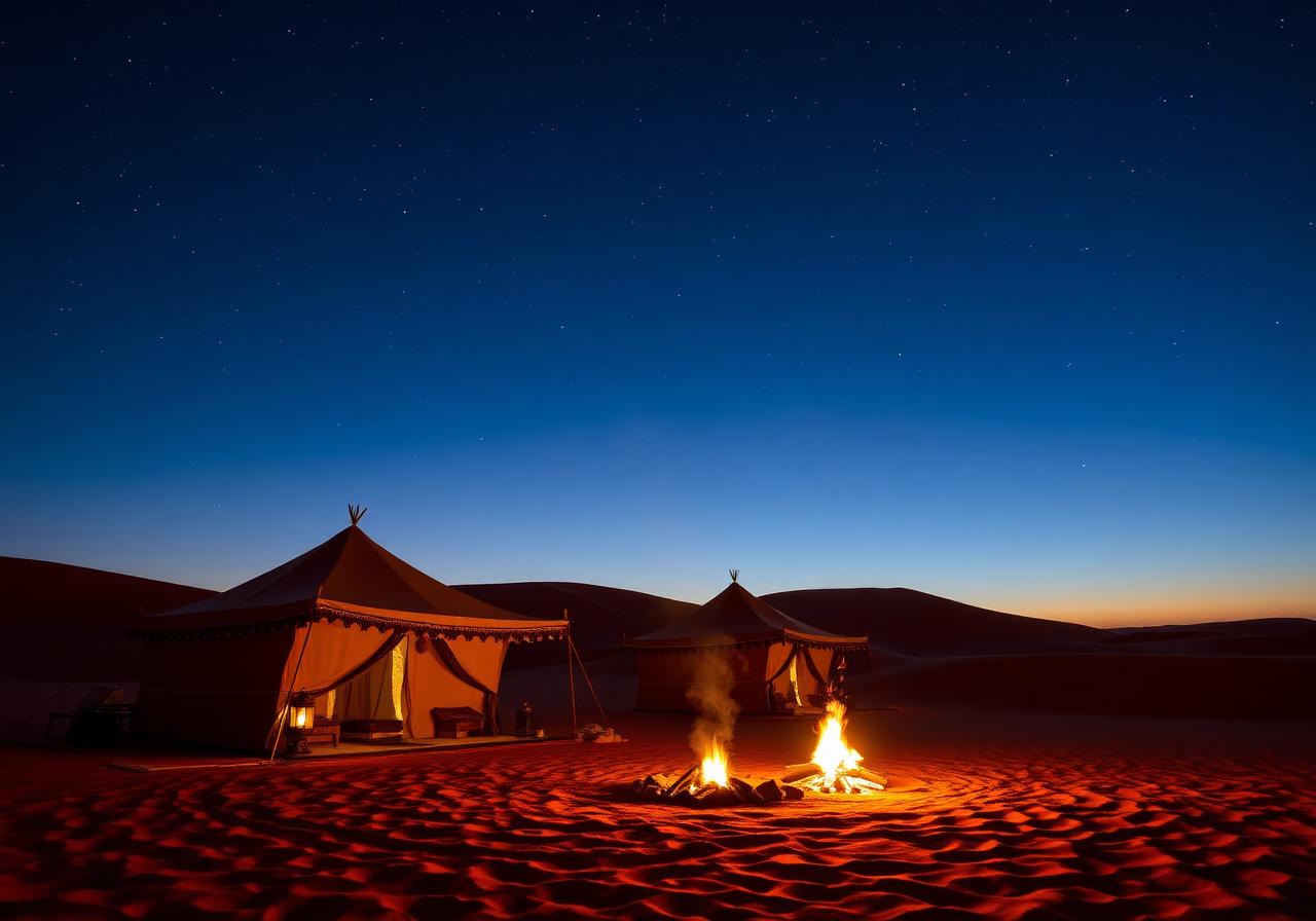 Berber luxury desert camp at twilight